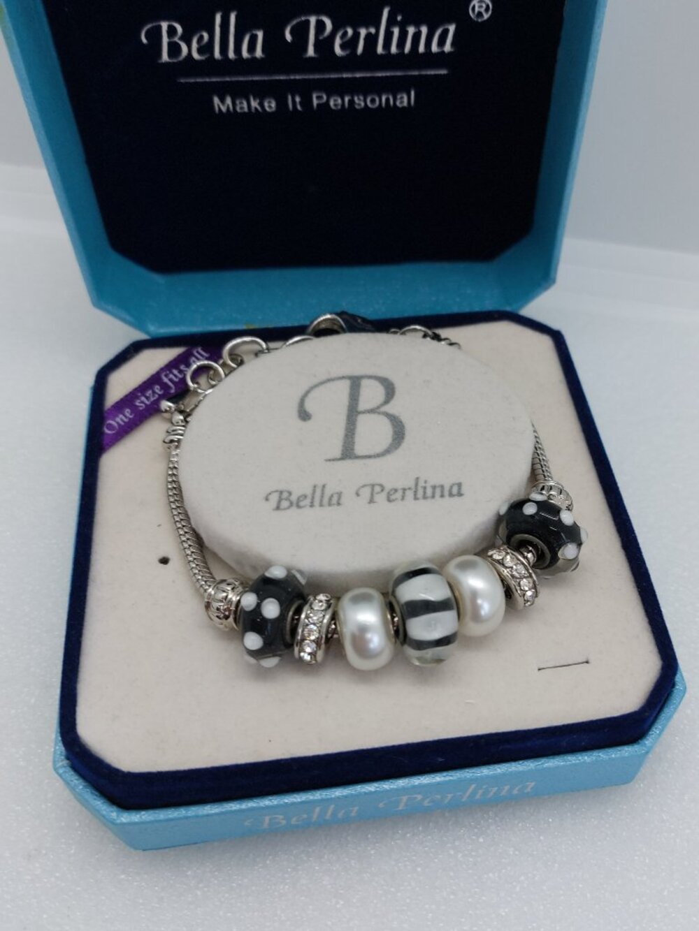 Bella Perlina Black & White Bead Bracelet with Silver Tone & White Accents